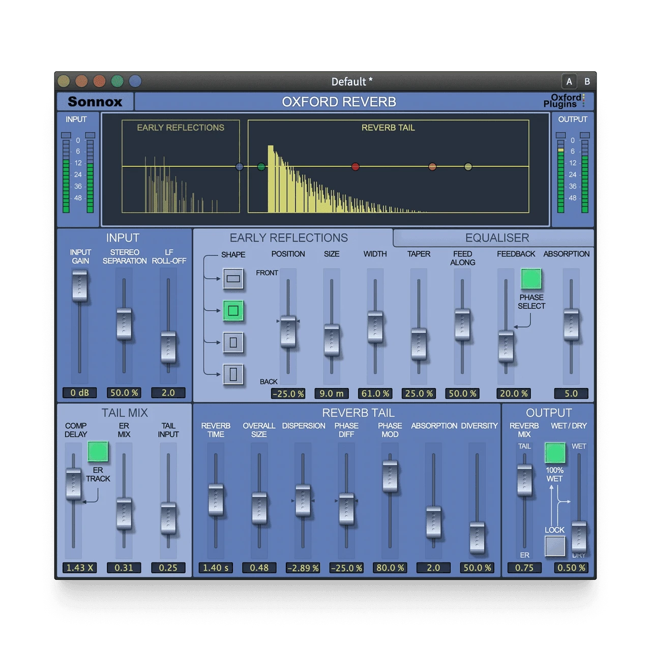 Sonnox Oxford Reverbの画面。上に初期反射(EARLY REFLECTIONS)と残響(REVERB TAIL)のグラフ、下にINPUT・EARLY REFLECTIONS・TAIL MIX・REVERB TAIL・OUTPUTのフェーダーが並ぶ(Sonnox公式の画像)