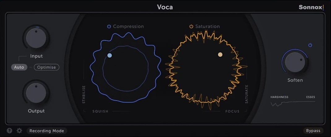 Sonnox Vocaの画面。左にInputとOutput、中央にCompressionとSaturationの円、右にSoften（Sonnox公式）