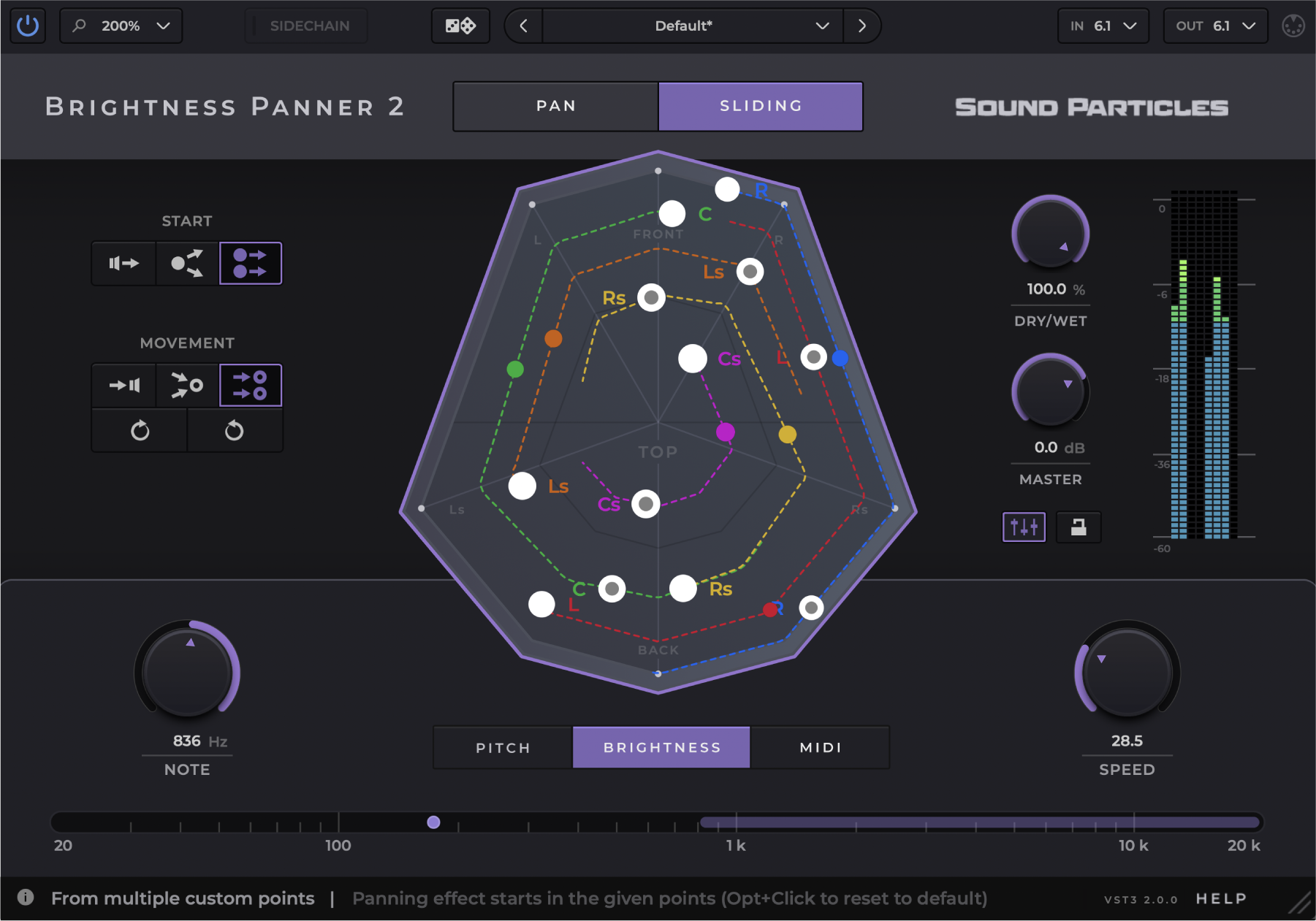 Brightness Panner 2の画面。動きのきっかけをPITCH・BRIGHTNESS・MIDIから選ぶボタンと、音の位置を立体的に示す表示(Sound Particles公式の画像)
