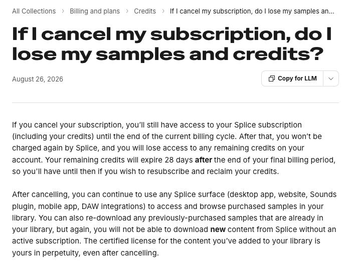 Splice公式ヘルプ「If I cancel my subscription, do I lose my samples and credits?」。解約後もライブラリの素材を使え、ライセンスは解約後も有効とある（2026年10月12日に撮影）