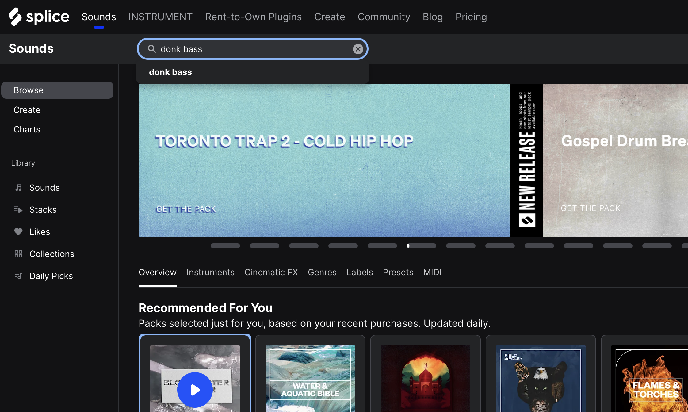 SpliceのSoundsの画面で、検索欄に楽器の名前（donk bass）を入れて探しているところ