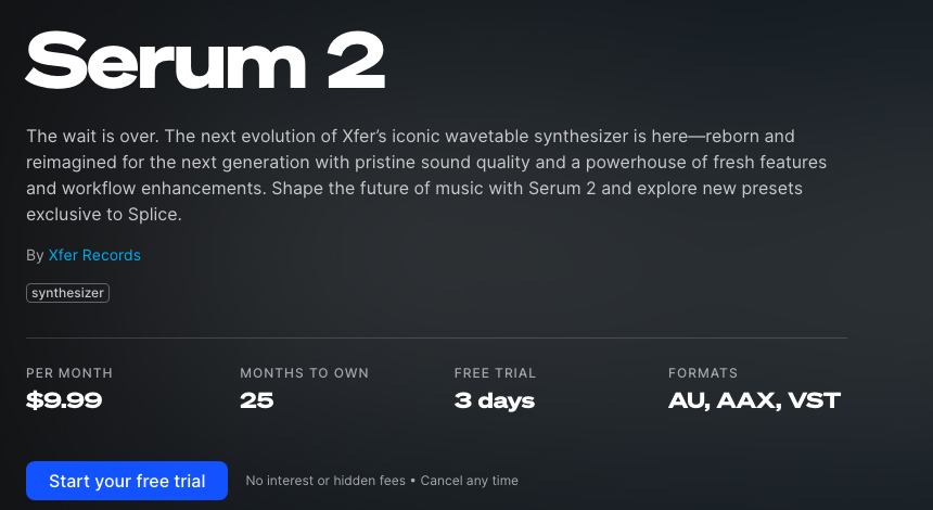 SpliceのSerum 2のRent-to-Ownのページ。月$9.99・25か月・3日間の無料体験（2026年10月8日時点）