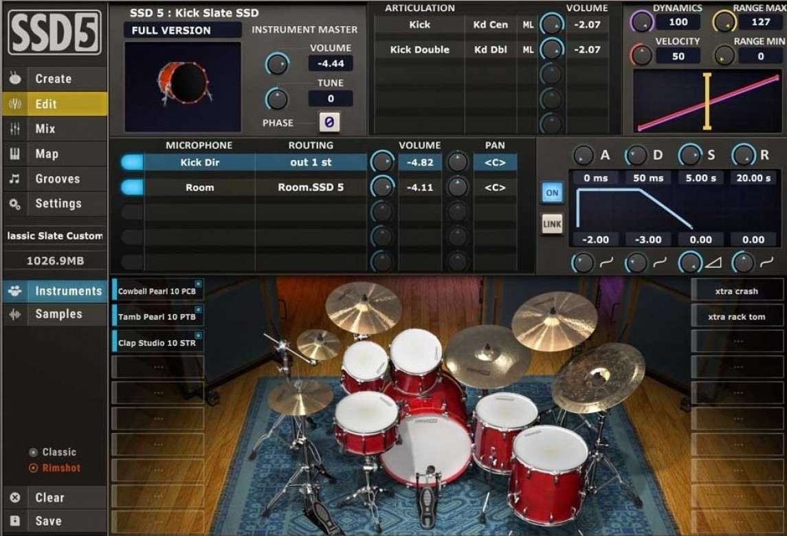 Steven Slate Drums 5の画面。上にキックのEDIT（マイクごとの音量・ルーティング・エンベロープ）、下にドラムキットの写真（Plugin Boutiqueの製品画像より）