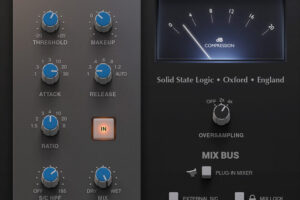 SSL Native Bus Compressor 2 の画面。左にスレッショルド・アタック・リリース・レシオ・サイドチェーンのハイパス・ミックスのつまみ、右にメーター（Plugin Boutique の製品画像）
