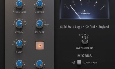 SSL Native Bus Compressor 2 の画面。左にスレッショルド・アタック・リリース・レシオ・サイドチェーンのハイパス・ミックスのつまみ、右にメーター（Plugin Boutique の製品画像）