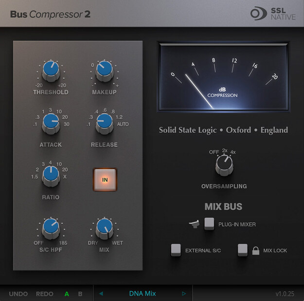 SSL Native Bus Compressor 2 の画面。左にTHRESHOLD・MAKEUP・ATTACK・RELEASE・RATIO・S/C HPF・MIX、右にコンプレッションのメーター