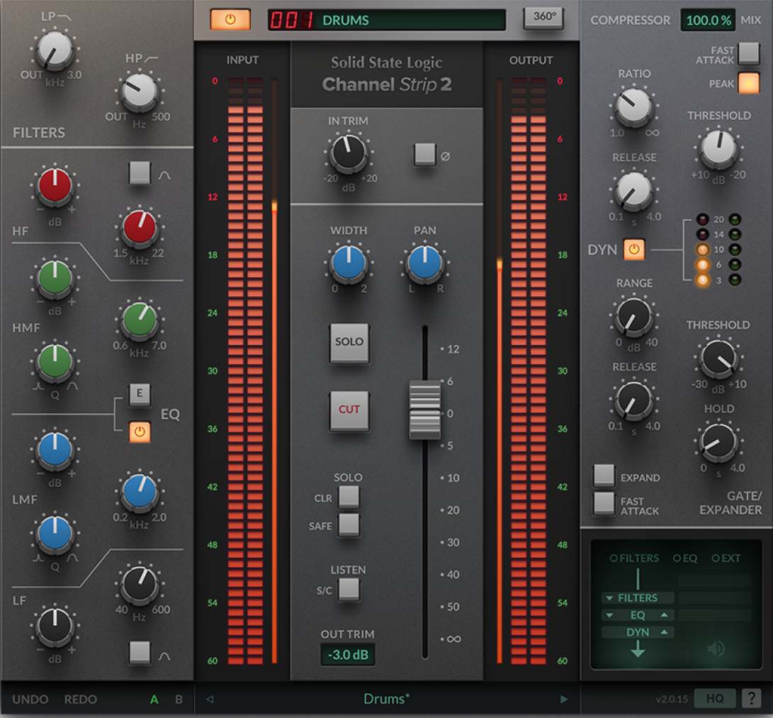 SSL Native Channel Strip 2 の画面。左にフィルターと4バンドEQ、中央にコンプとゲート（Plugin Boutique の製品画像）