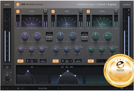 SSL G3 MultiBusComp の画面。LOW・MID・HIGH の3つの帯域にメーターとつまみが並び、下に帯域のグラフがある(Solid State Logic 公式ストアより)
