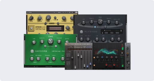 SSL Reverb Collection の4つのリバーブ。SpringVerb・PlateVerb・GateVerb・FlexVerb(Plugin Boutique の製品画像)