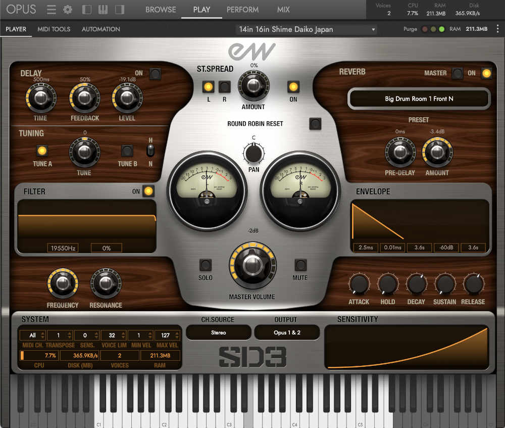 EastWest Stormdrum 3 の OPUS 画面。14in 16in Shime Daiko Japan（締太鼓）を読み込んだ PLAYER 画面（Plugin Boutique の製品画像）
