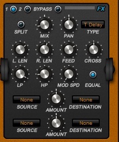 SubBoomBass 2のエフェクトの部分。ディレイの長さやフィードバックのつまみが並ぶ