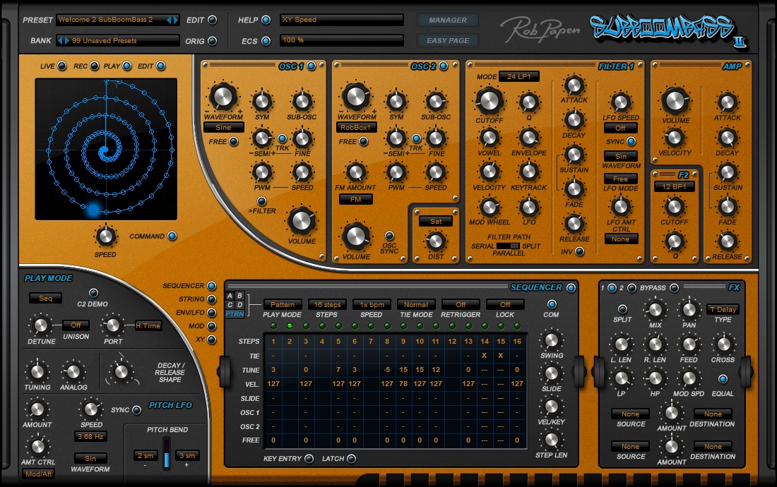 SubBoomBass 2の画面。上にオシレーター2つ・フィルター・アンプ、下にシーケンサーとエフェクトが並ぶ（Plugin Boutiqueの製品画像）