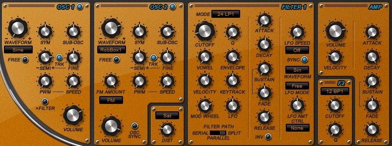 SubBoomBass 2のオシレーター2つとフィルター・アンプの部分。波形の切り替えやSUB-OSCのつまみがある