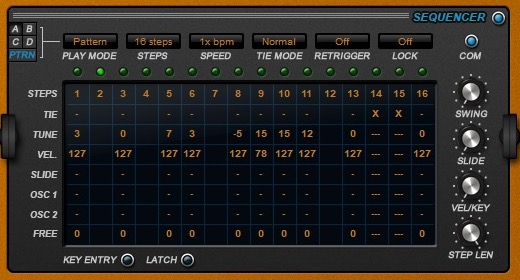 SubBoomBass 2のシーケンサー。16ステップに音の高さと強さを入れ、A〜Dの4つのパターンを切り替える