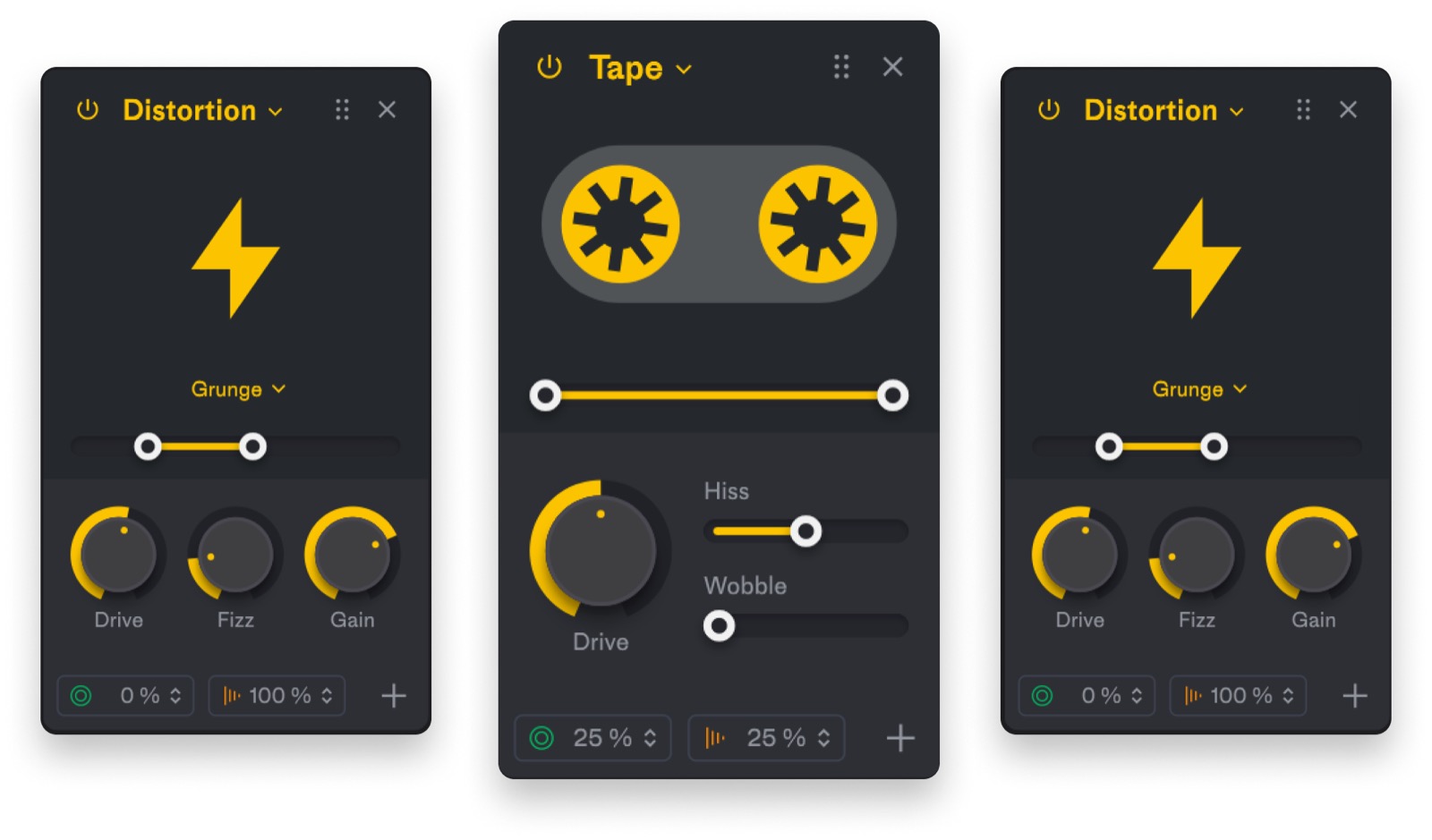 SubLab XLのエフェクト。DistortionとTapeを並べて順番を入れ替えられる（Future Audio Workshop公式）