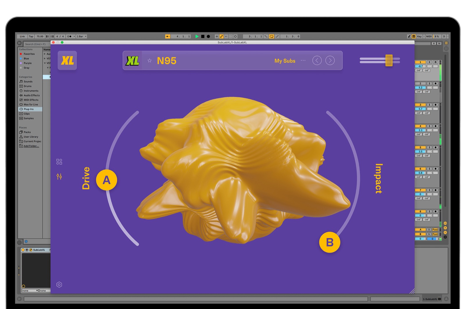 SubLab XLのマクロの画面。DriveとImpactの2つのつまみで音を変える（Future Audio Workshop公式）