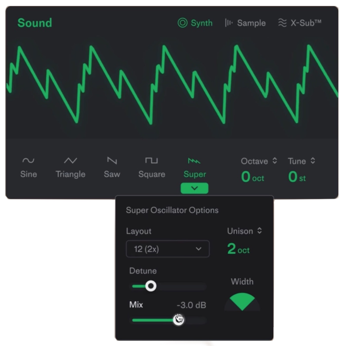 SubLab XLのSoundの欄。Synth・Sample・X-Subの切り替えと、Superの波形の設定（Future Audio Workshop公式）
