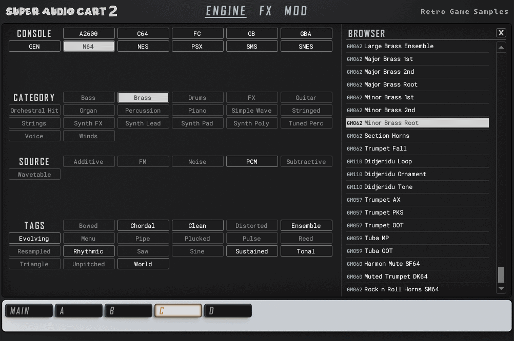 Impact Soundworks公式のSuper Audio Cart 2の画面。FC・GB・SNES・N64などの機種と、Bass・Brass・Synth Leadなどのカテゴリから音を選ぶ