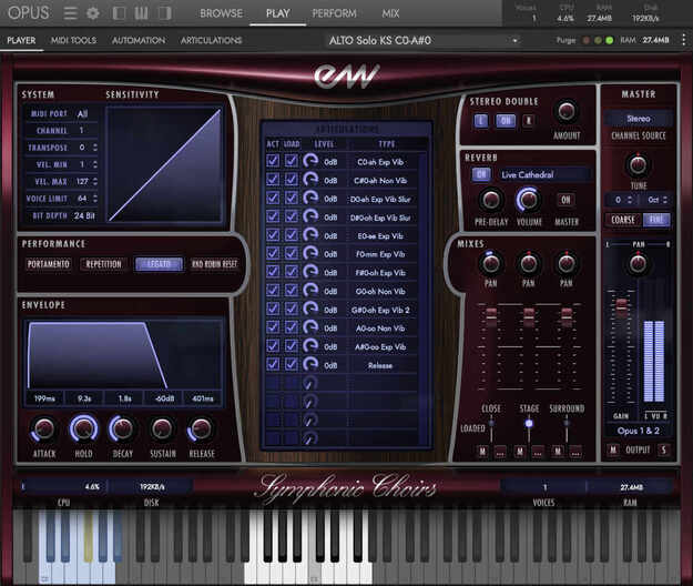 Symphonic Choirs を OPUS で開いた画面。ALTO Solo のアーティキュレーション一覧と、CLOSE・STAGE・SURROUND のマイク位置のフェーダー