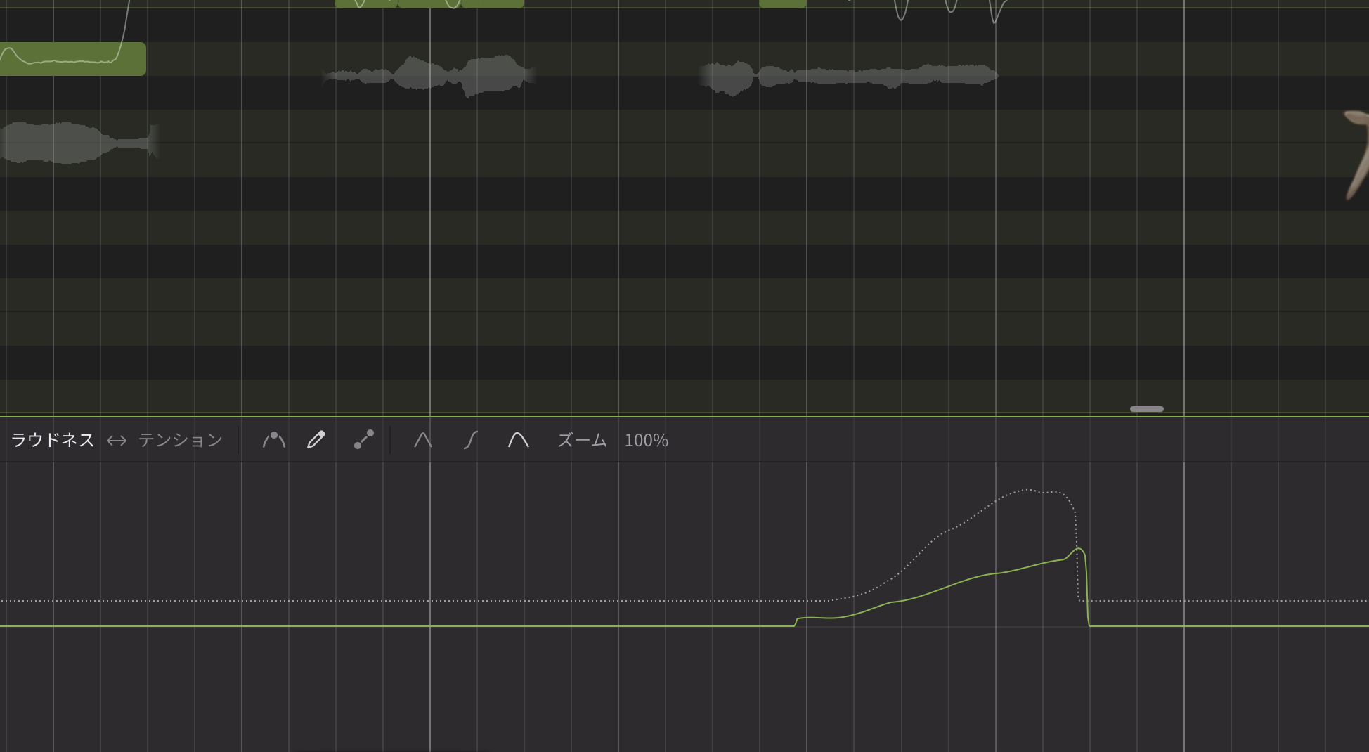 Synthesizer V Studio 2 の下段パラメータ「ラウドネス ↔ テンション」。フレーズの後半だけ線をゆるく持ち上げている