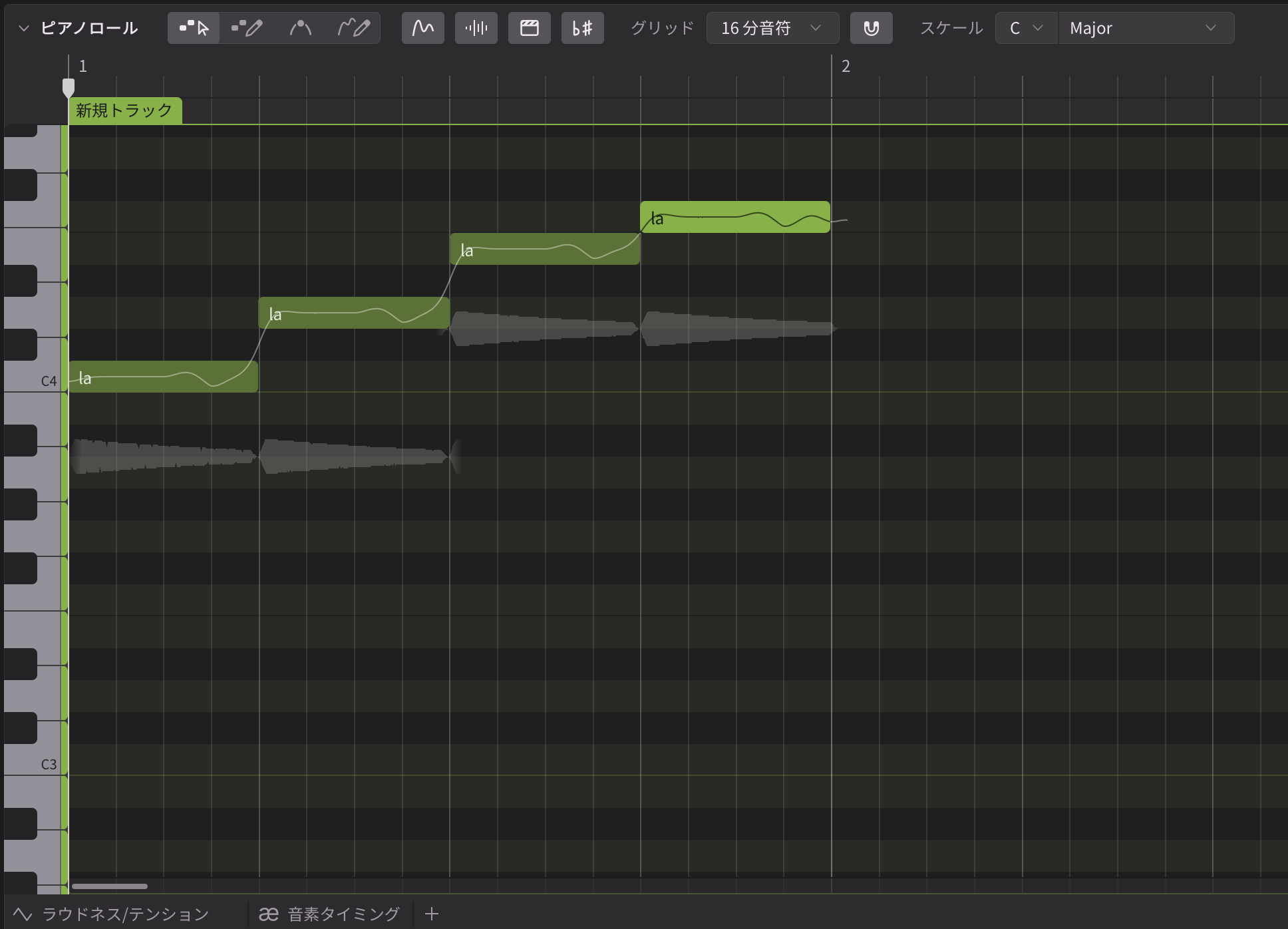 Synthesizer V Studio 2 のピアノロールにメロディだけを打った状態。歌詞を入れる前は音符がすべて「la」で歌う