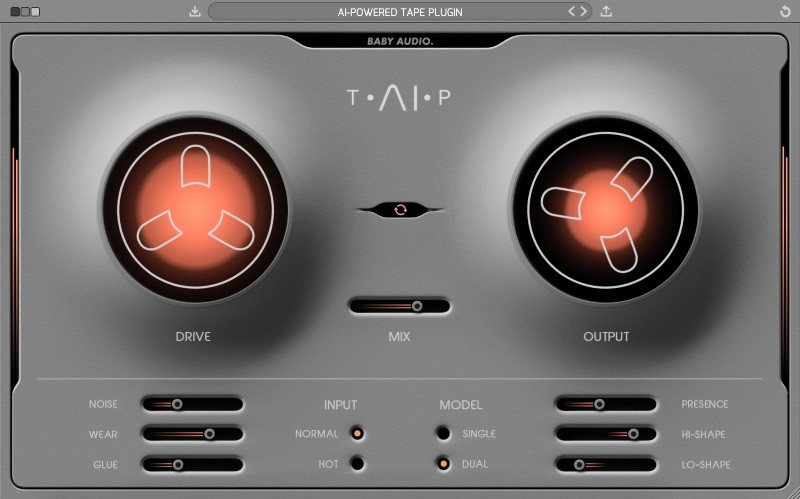 Baby Audio TAIPの画面。DRIVEとOUTPUTの大きなつまみ、NOISE・WEAR・GLUEなどのスライダー（Plugin Boutiqueの製品画像）