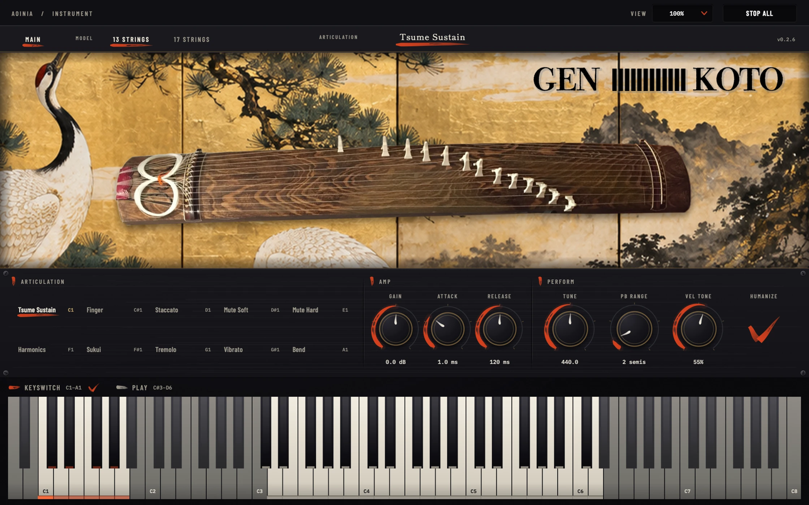 TAKUMI AUDIO GEN KOTOの画面（13弦モデル）。上にMODELの切り替え、下に爪のサステインや押し手（Bend）など10の奏法と、GAIN・ATTACK・HUMANIZEなどのつまみ（TAKUMI AUDIO公式サイトより）