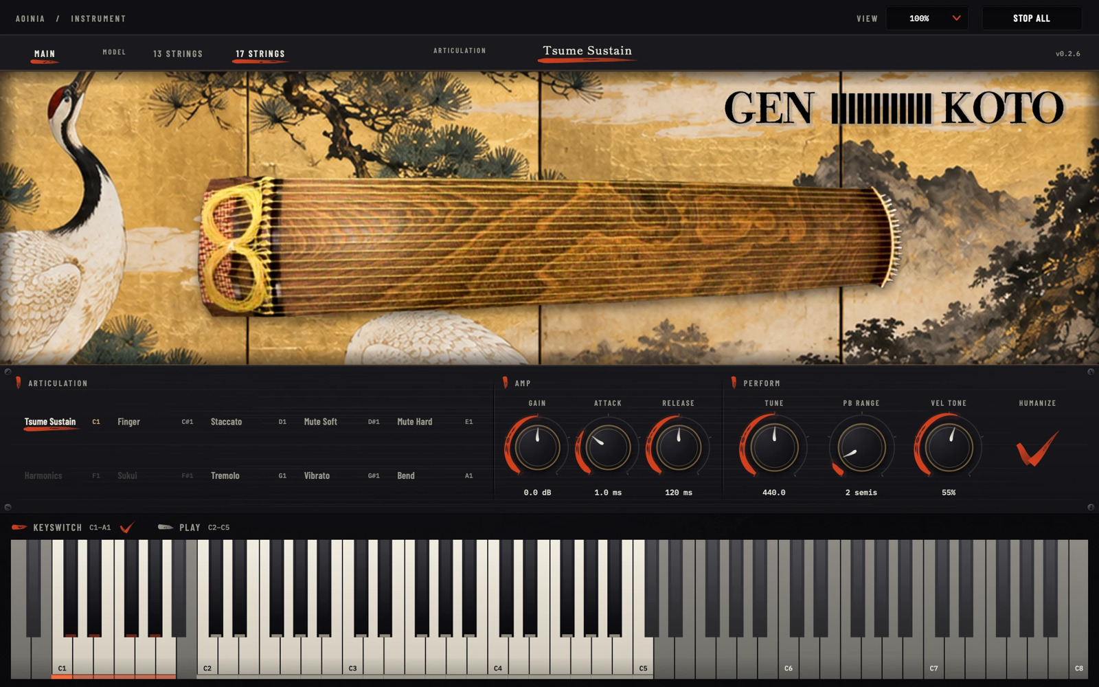 GEN KOTOを17弦モデルに切り替えた画面。弾ける音域がC2〜C5に下がり、奏法は8つになる（TAKUMI AUDIO公式サイトより）