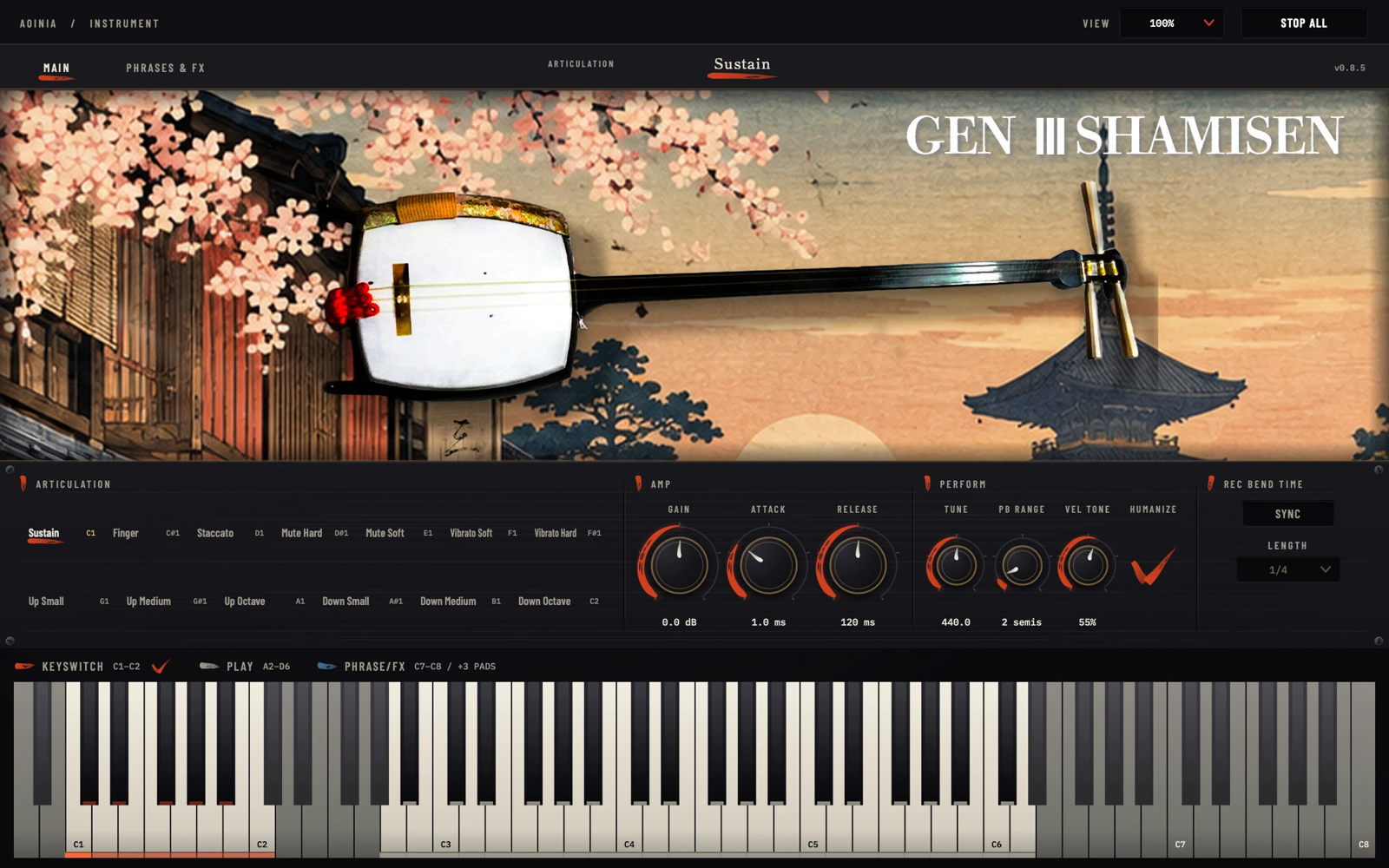 TAKUMI AUDIO GEN SHAMISENの画面。13の奏法（上げ3種・下げ3種のベンドを含む）と、ベンドの長さをテンポに合わせるSYNCとLENGTH（TAKUMI AUDIO公式サイトより）
