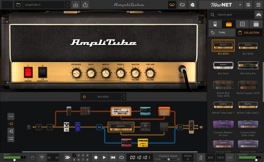 TOTAL Guitar MAXに入っているAmpliTube 5の画面。上にアンプ、下にペダルやキャビネットをつなぐ信号の流れ（Plugin Boutiqueの製品画像）