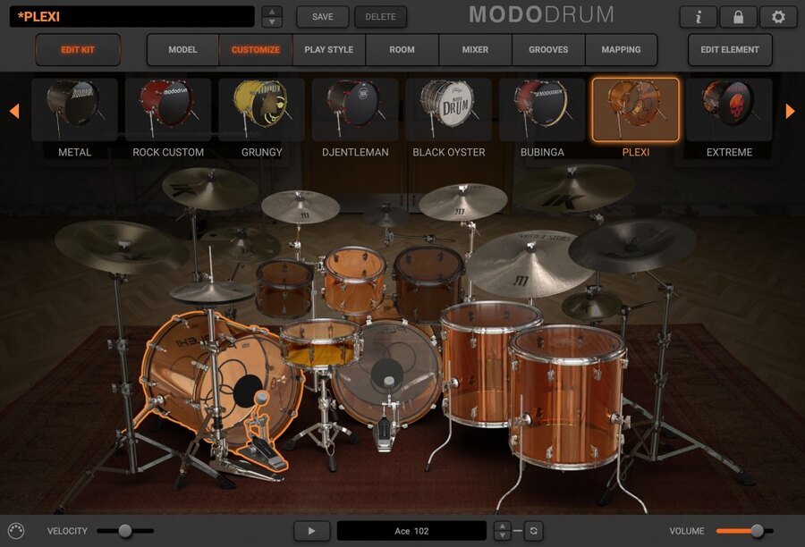 MODO DRUM 1.5の画面。キットの一覧の下に、胴やシンバルを選んで組み替えられるドラムセット（Plugin Boutiqueの製品画像）