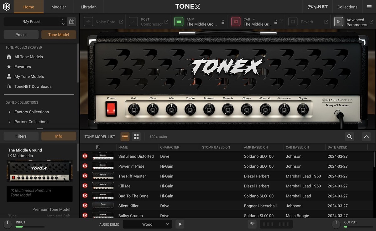 TONEXの画面。アンプの写真の下に、元になったアンプやキャビネットの名前が並ぶTone Modelの一覧（Plugin Boutiqueの製品画像）