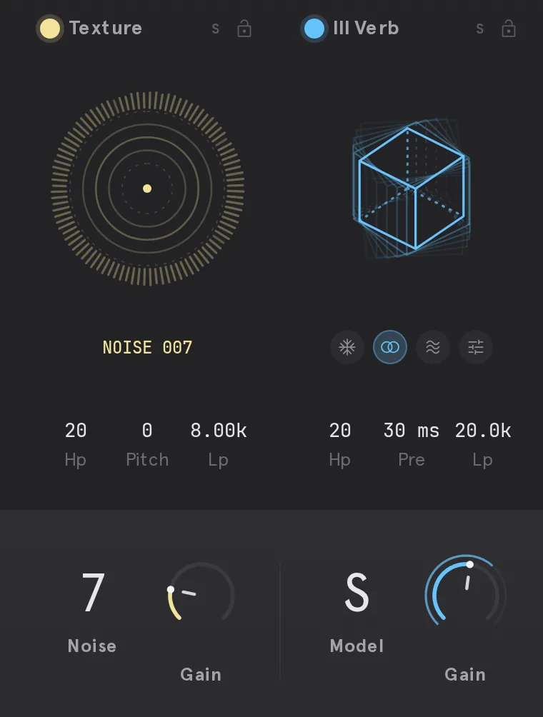 VYBZ 2のTextureとIII Verb。ノイズの種類を数字で選び、リバーブはS・P・D・Cのモデルを選ぶ（Thenatan公式の画像）
