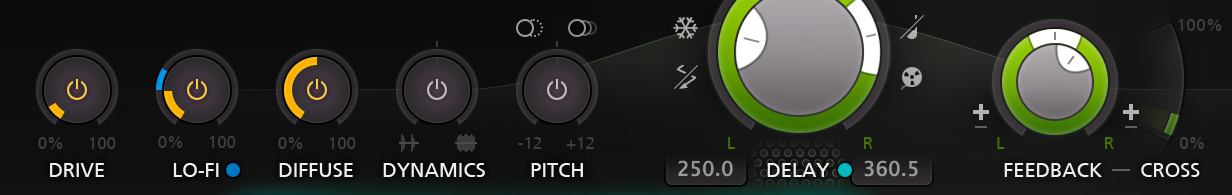 Timeless 3 の DRIVE・LO-FI・DIFFUSE・DYNAMICS・PITCH のエフェクトと、左 250.0・右 360.5 の DELAY、FEEDBACK のつまみ(FabFilter 公式の製品画像から切り抜き)