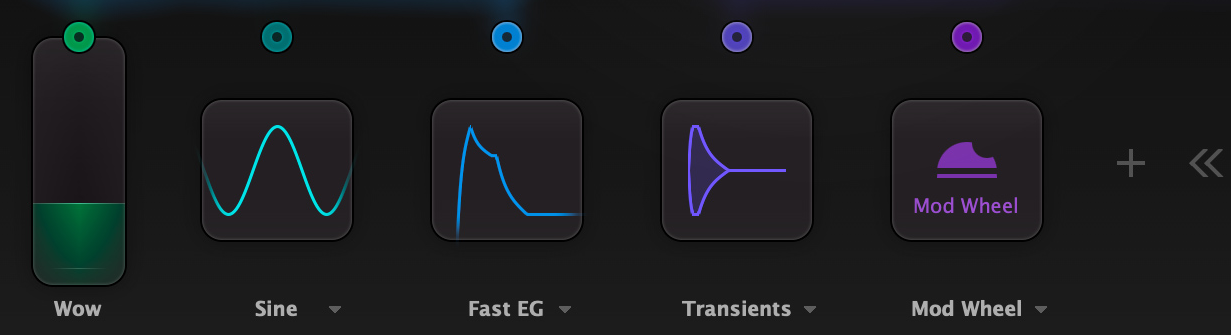 Timeless 3 のモジュレーションの欄。Wow・Sine・Fast EG・Transients・Mod Wheel の丸を、動かしたいつまみにつなぐ(FabFilter 公式の製品画像から切り抜き)