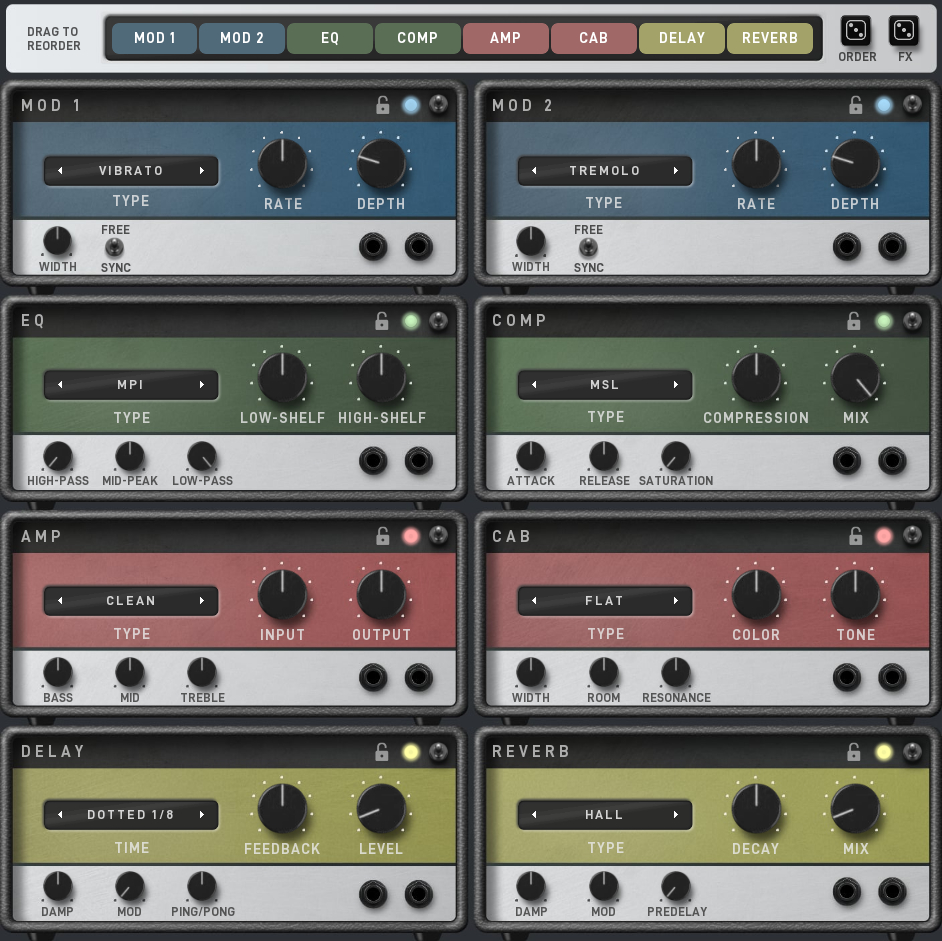 Electric Keys - TinesのFXの画面。MOD 1・MOD 2・EQ・COMP・AMP・CAB・DELAY・REVERBの8つを並べ替えられる（MeldaProduction公式の画像）