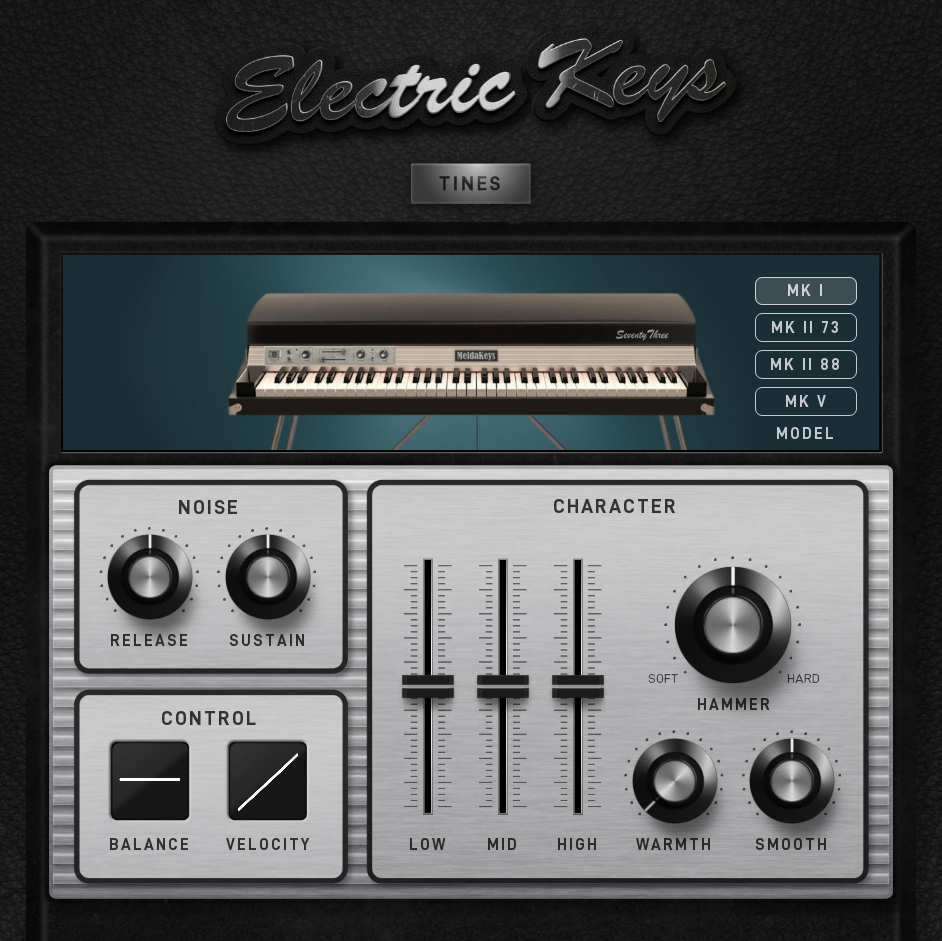 Electric Keys - Tinesの画面。MK I・MK II 73・MK II 88・MK Vの4機種を選ぶMODEL、NOISE、CONTROL、CHARACTER（LOW・MID・HIGH・HAMMER・WARMTH・SMOOTH）が並ぶ（MeldaProduction公式の画像）