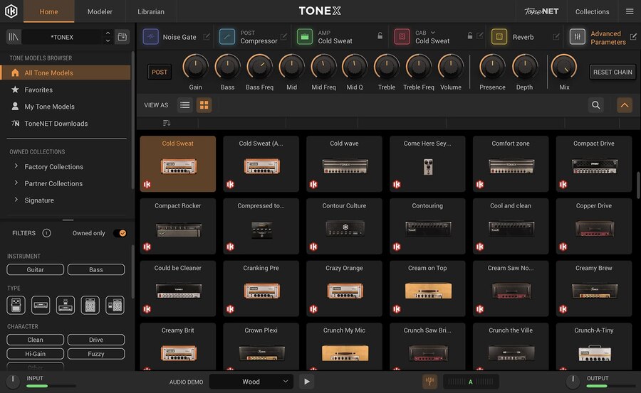 TONEXのTone Modelの一覧。アンプやペダルの写真がカードで並び、左でギター・ベース、クリーン・ドライブなどに絞り込める（Plugin Boutiqueの製品画像）