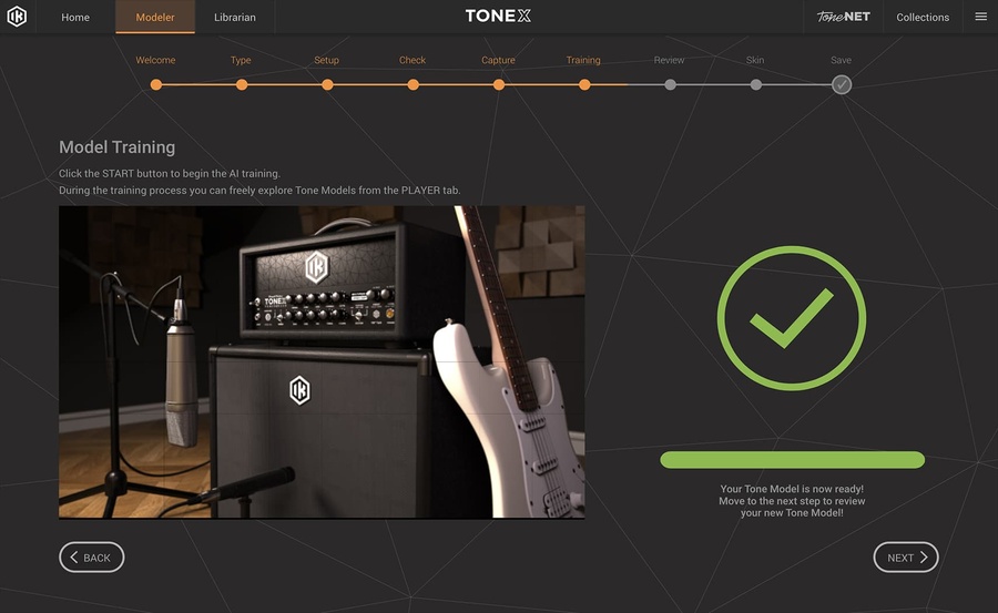 TONEXのModeler。Welcome・Type・Setup・Check・Capture・Trainingと段階を進めて、実機のアンプの音を写し取る（Plugin Boutiqueの製品画像）