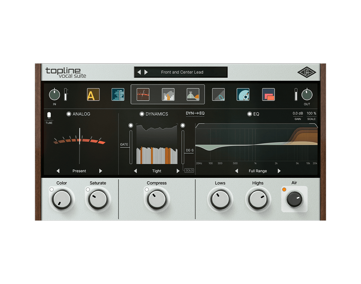 Topline Vocal Suite のチャンネルストリップの画面。ANALOG（プリアンプとテープ）・DYNAMICS（コンプ・ゲート・ディエッサー）・EQ（Air つき）が並ぶ（Universal Audio 公式の画像）