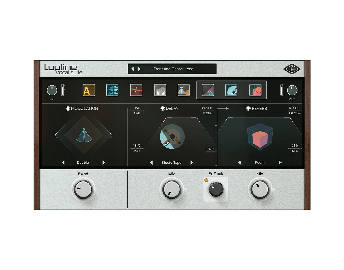 Topline Vocal Suite の空間系の画面。MODULATION（Doubler）・DELAY（Studio Tape）・REVERB（Room）と、ボーカルが鳴っている間だけ残響を下げる Fx Duck（Universal Audio 公式の画像）