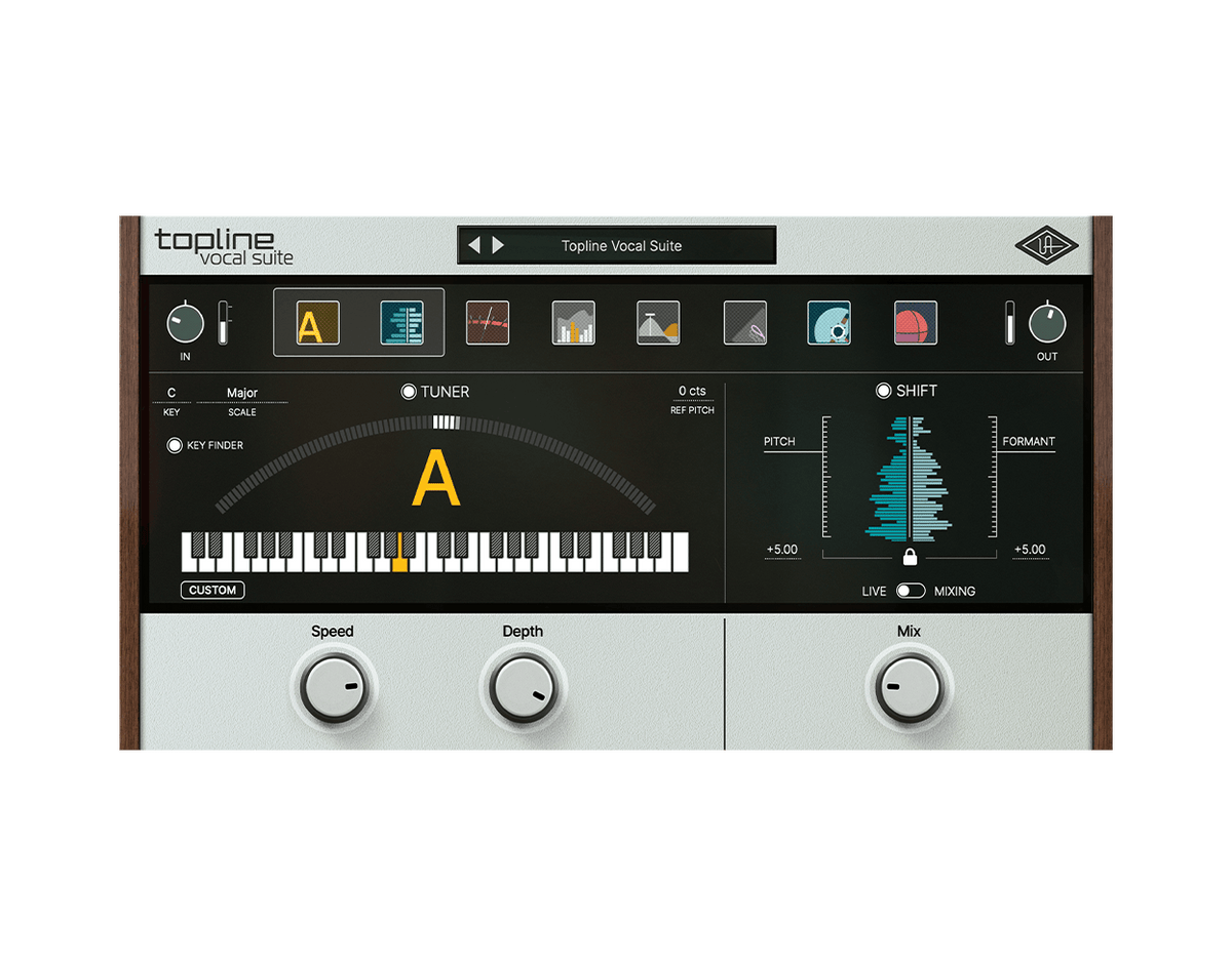 Topline Vocal Suite のピッチ補正の画面。TUNER でキーとスケールを選び、Speed・Depth で補正の速さと深さを決める。右は音程とフォルマントを別々に動かす SHIFT（Universal Audio 公式の画像）
