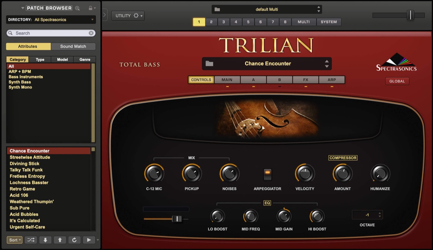 Trilianの画面。左にパッチのブラウザ（Synth Bass・Synth Monoなどのカテゴリ）、右にMIC・PICKUP・NOISESなどのつまみ（Spectrasonics公式の製品画像）