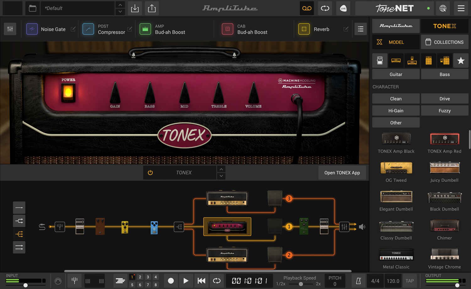 Total Studio 5 MAXに入っているAmpliTube 5の画面。TONEXのアンプを読み込み、ペダルやキャビネットをつないだ信号の流れ（Plugin Boutiqueの製品画像）