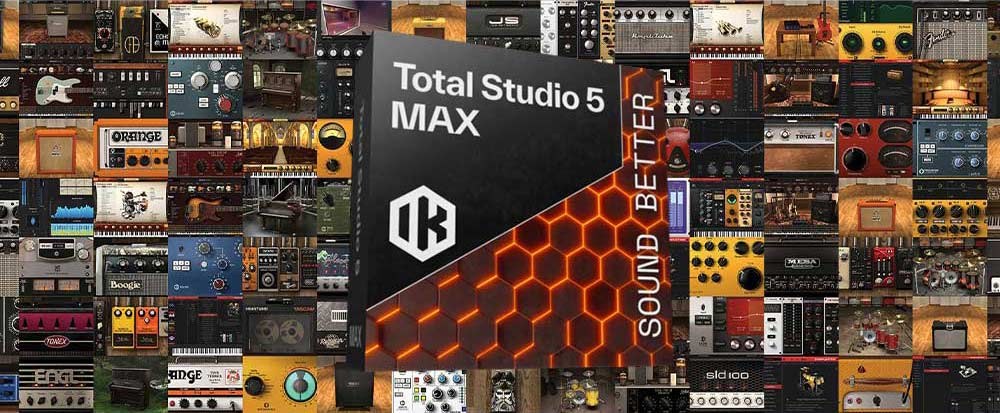 IK MultimediaのTotal Studio 5 MAXの製品画像。アンプやエフェクトなど収録製品の画面が背景に並ぶ（Plugin Boutiqueの製品画像）