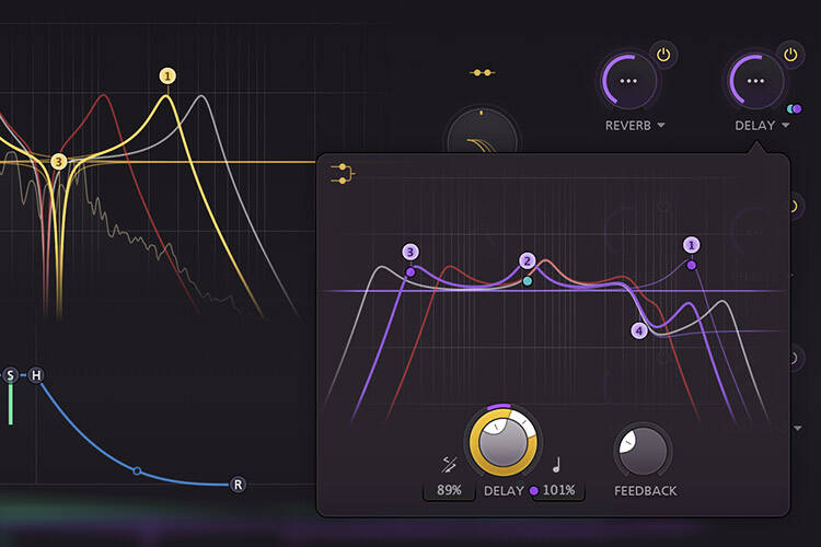 FabFilter Twin 3 のフィルターのカーブと、DELAY のエフェクトを開いた画面（FabFilter 公式の製品画像）