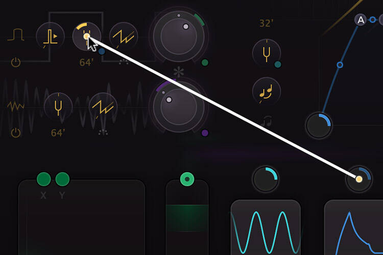 FabFilter Twin 3 で、オシレーターのつまみからモジュレーションの線をドラッグしてつなぐ画面（FabFilter 公式の製品画像）
