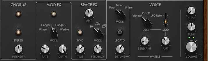 Anthem の CHORUS・MOD FX（フランジャーとフェイザー）・SPACE FX（スプリングリバーブとテープエコー）と、Para・Mono・Unison を切り替える VOICE（Universal Audio 公式の画面から）