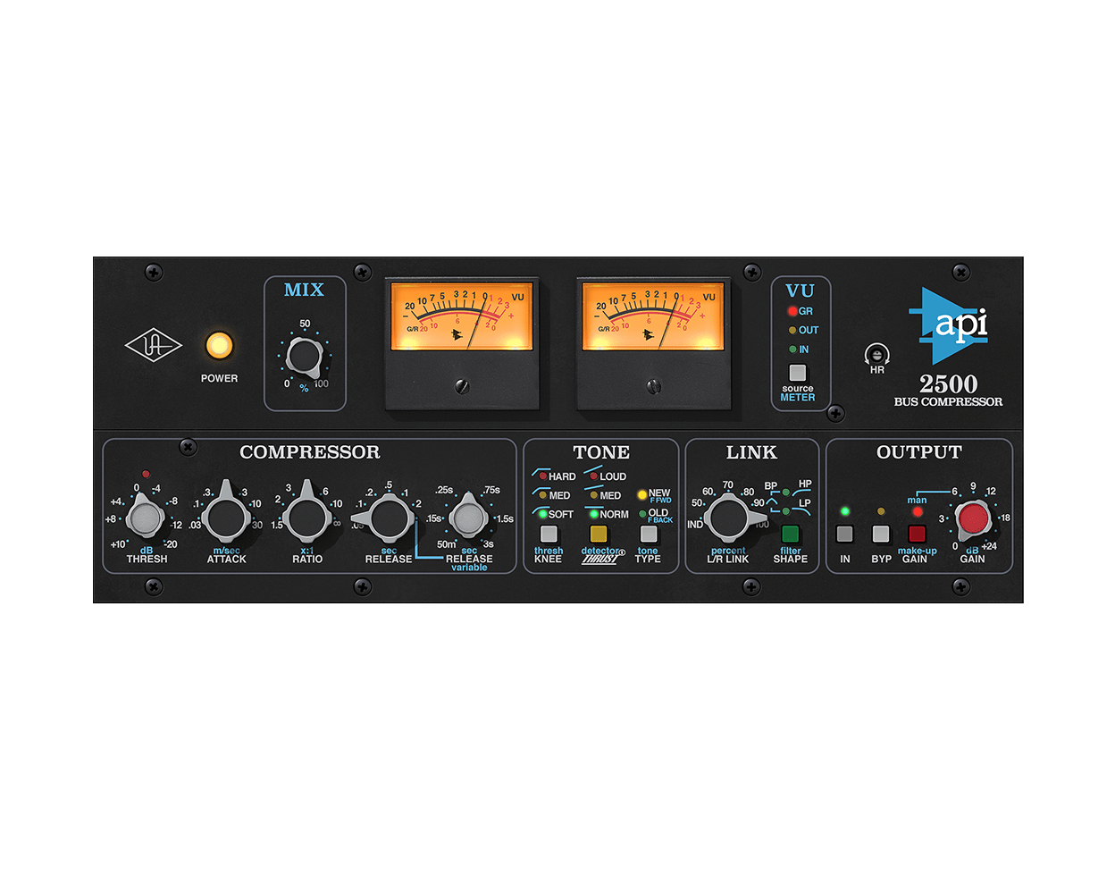 UADx API 2500 Bus Compressor の画面。上に MIX のつまみと2つの VU メーター、下に COMPRESSOR（THRESH・ATTACK・RATIO・RELEASE）、TONE（KNEE・THRUST・TYPE）、LINK、OUTPUT が並ぶ（Universal Audio 公式の画像）