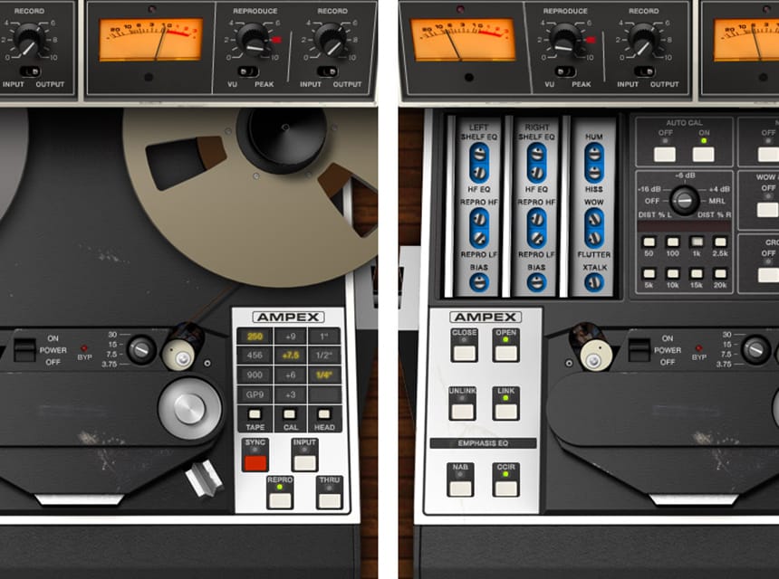 Ampex ATR-102 の画面を2つ並べた画像。右側は下のパネルを開いた状態で、EQやバイアスなどの調整のつまみとAUTO CALが見える（Universal Audio 公式の画像）